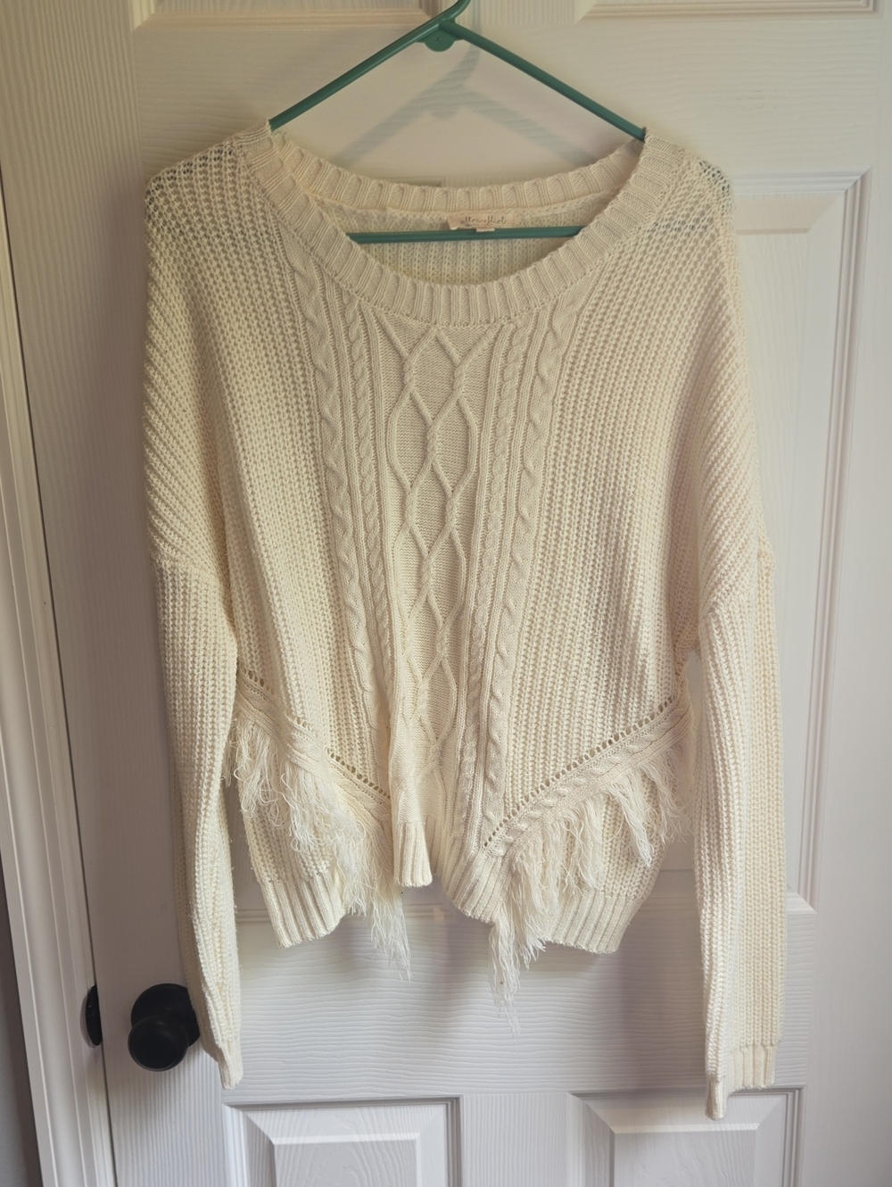 Ultra Flirt Cream Fringe Cable-Knit Scoop Neck Sweater
